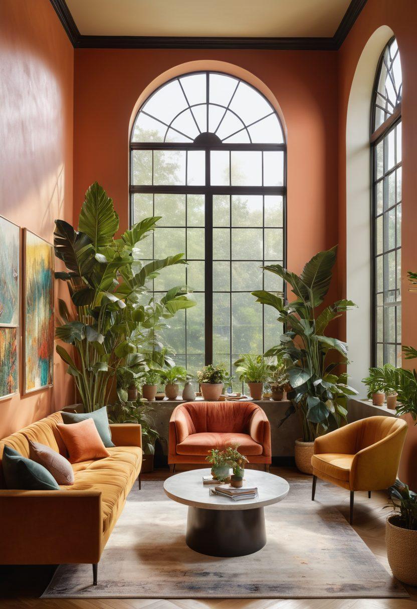 A beautifully arranged interior space showcasing elegant decor, lush indoor plants, and vibrant art pieces harmoniously intertwined. Soft natural lighting filters through large windows, illuminating the textured walls with artistic murals. The ambiance exudes tranquility and inspiration, inviting viewers to embrace their own aesthetic journey. super-realistic. vibrant colors. bright and airy atmosphere.