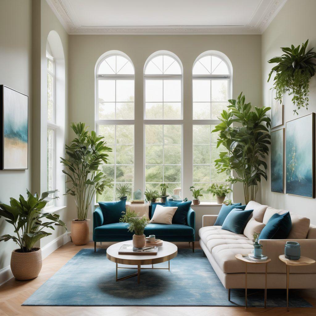 A captivating interior space adorned with elegant furniture and unique decor elements, showcasing a harmonious blend of colors and textures. Include a serene aesthetic with natural light streaming through large windows, highlighting the beauty of minimalistic design. Incorporate plants and art pieces that evoke inspiration and creativity. soft focus. vibrant colors. super-realistic.